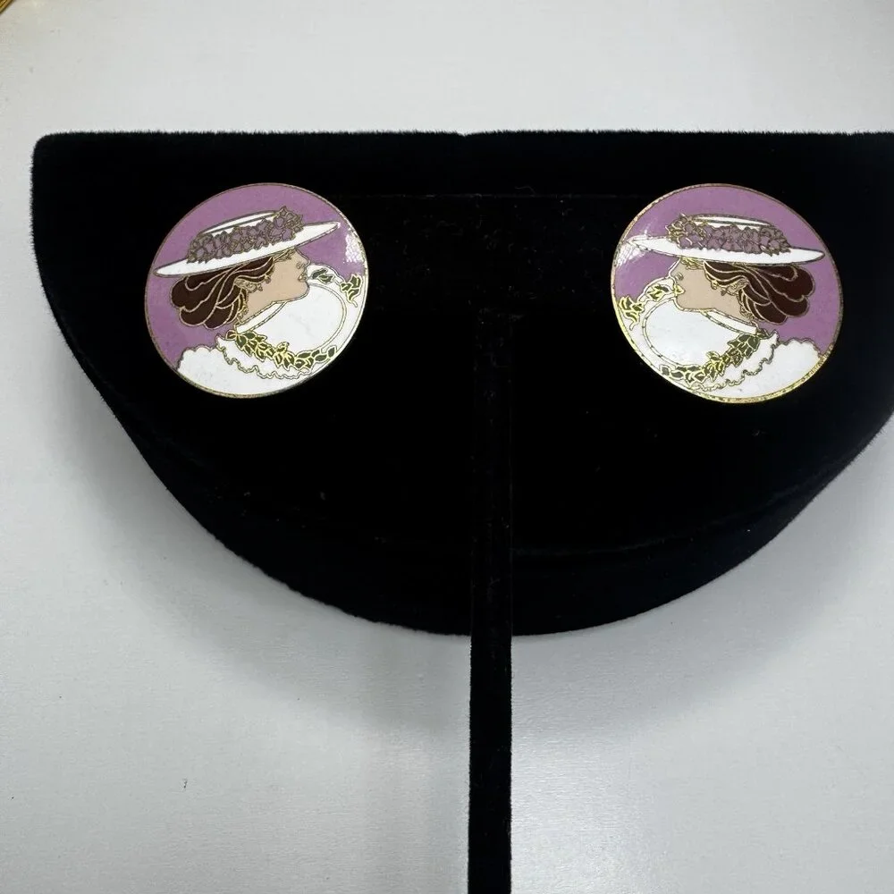 Diana Hansen-Young 1988 Enamel Earrings Vintage Art Nouveau Lady Portrait Rare - Picture 4 of 8